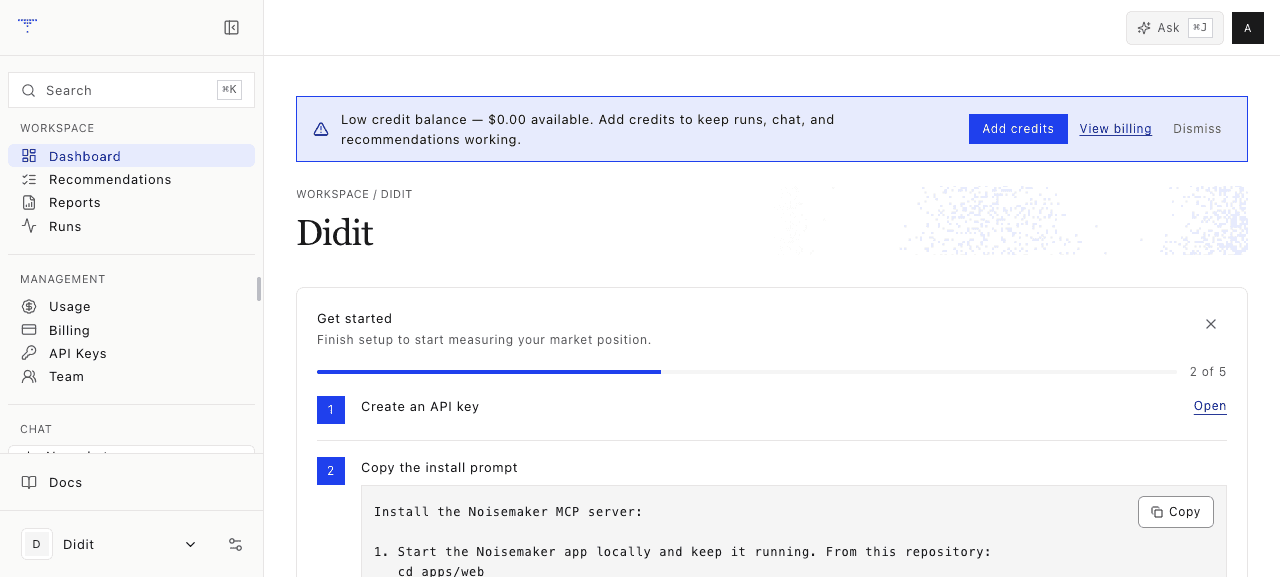 Noisemaker workspace dashboard with GEO and SEO scores