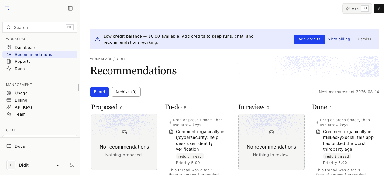 Noisemaker recommendations board with prioritized marketing tasks